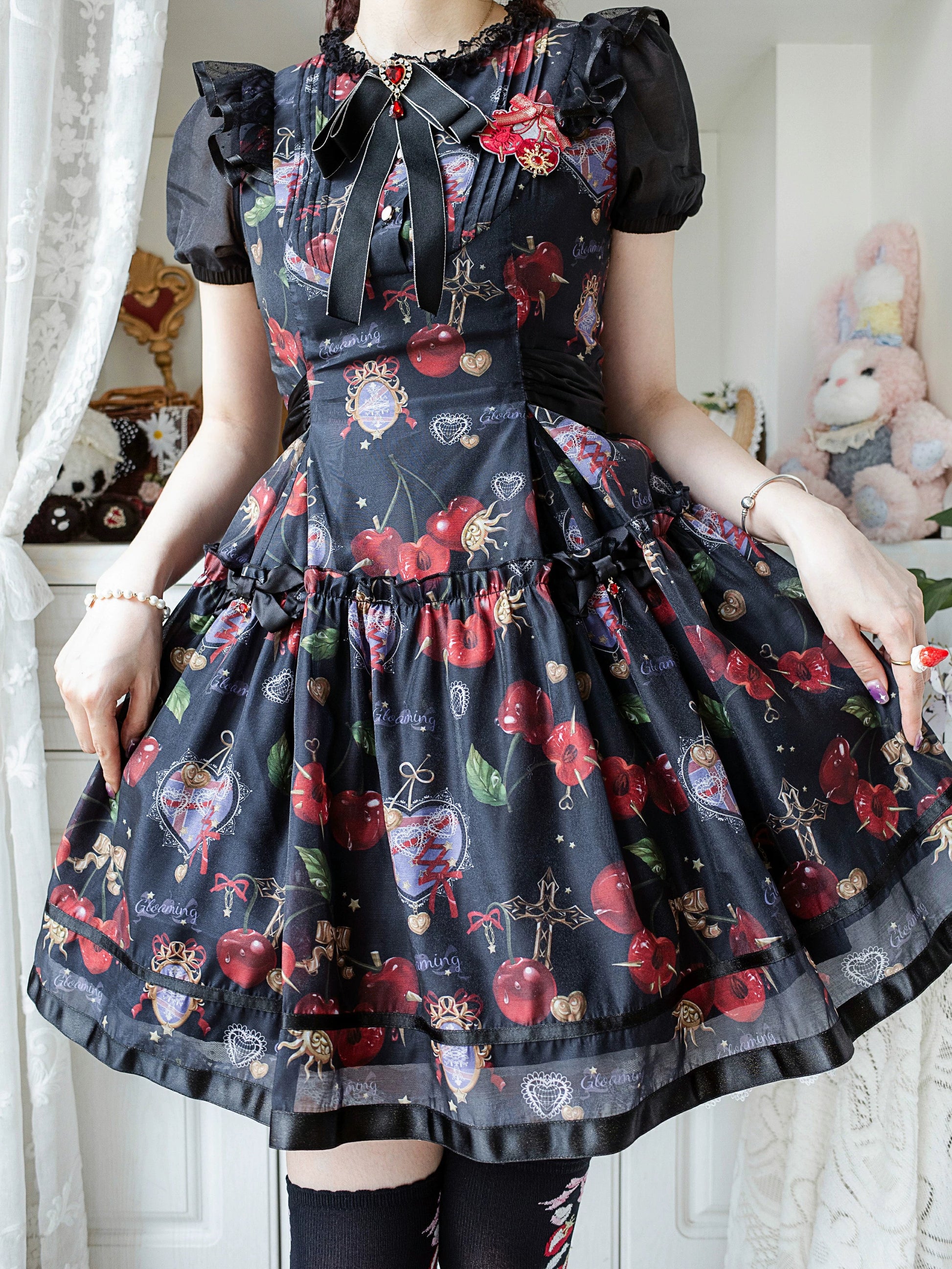 Gloaming - Sweet Lolita Cherry print Short Sleeve OP and SK Set