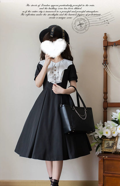 Forest Fluorescent Carps - The Rain of London - Elegant Lolita OP Dress, Bat Wing-Shaped Neckline