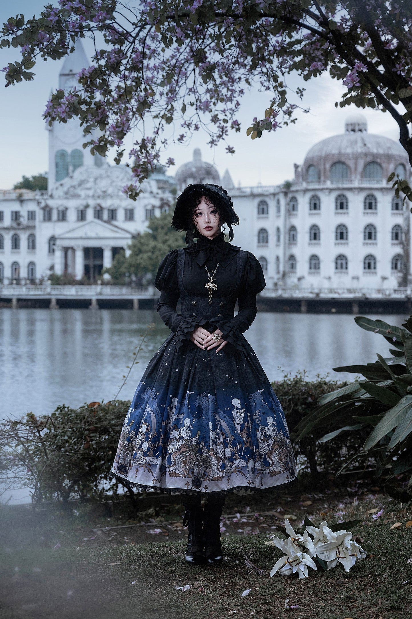 Nn Star - Dragonbone Lily - Dragon Skeleton Print Gothic Lolita Bust-supporting JSK and BNT