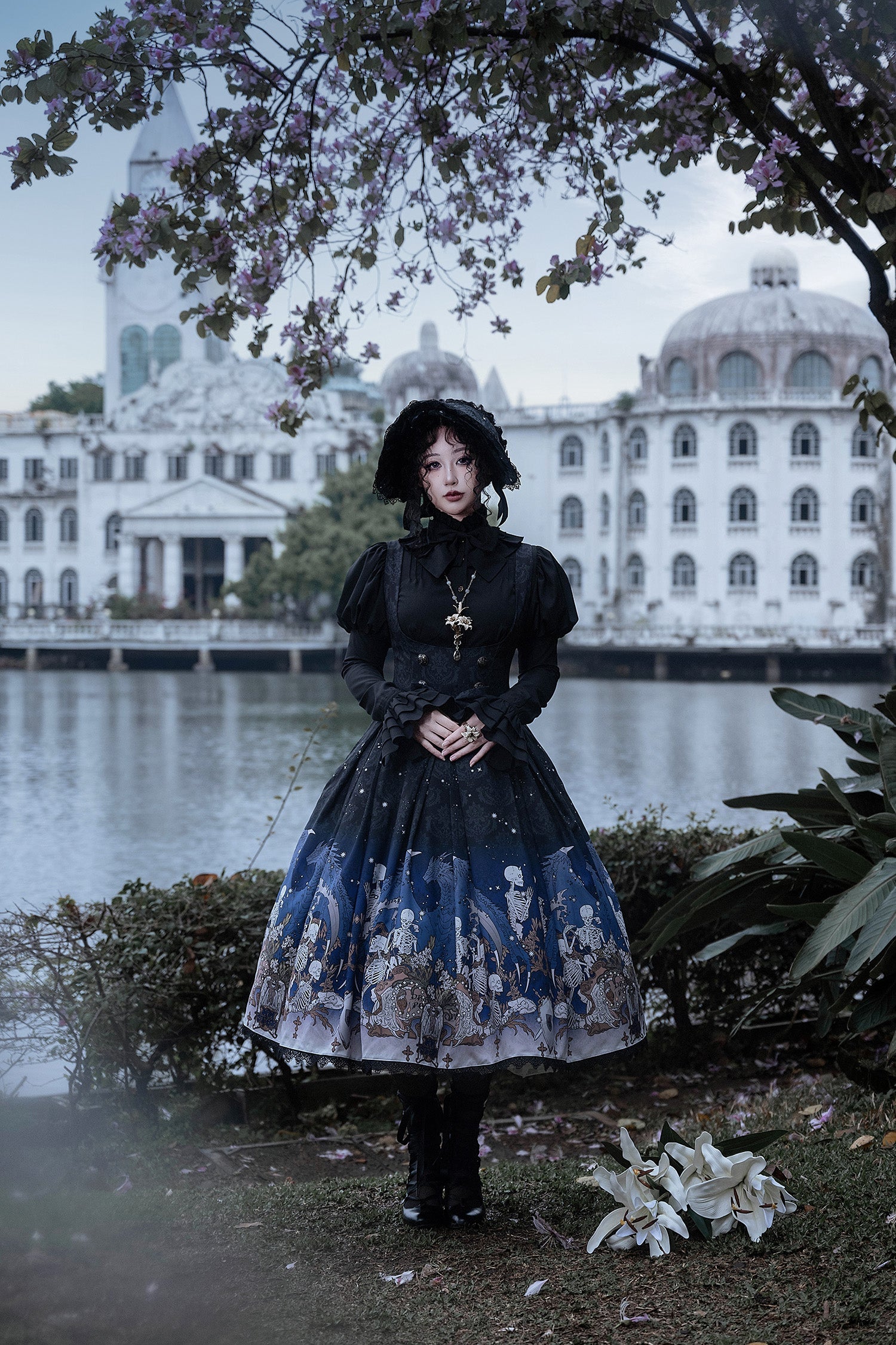 Nn Star - Dragonbone Lily - Dragon Skeleton Print Gothic Lolita Bust-supporting JSK and BNT