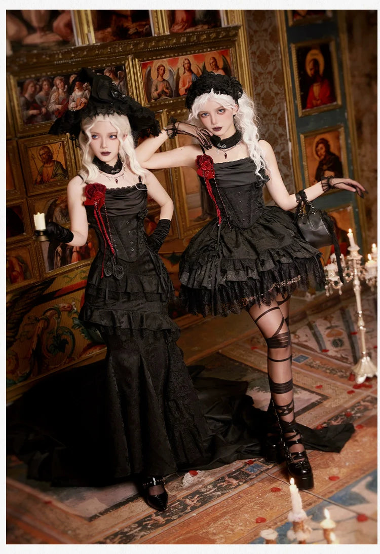 With PUJI - Letter and Poetry ﾂｷ Twilight - Black Gothic Lolita Skirt Set, Witch-Inspired
