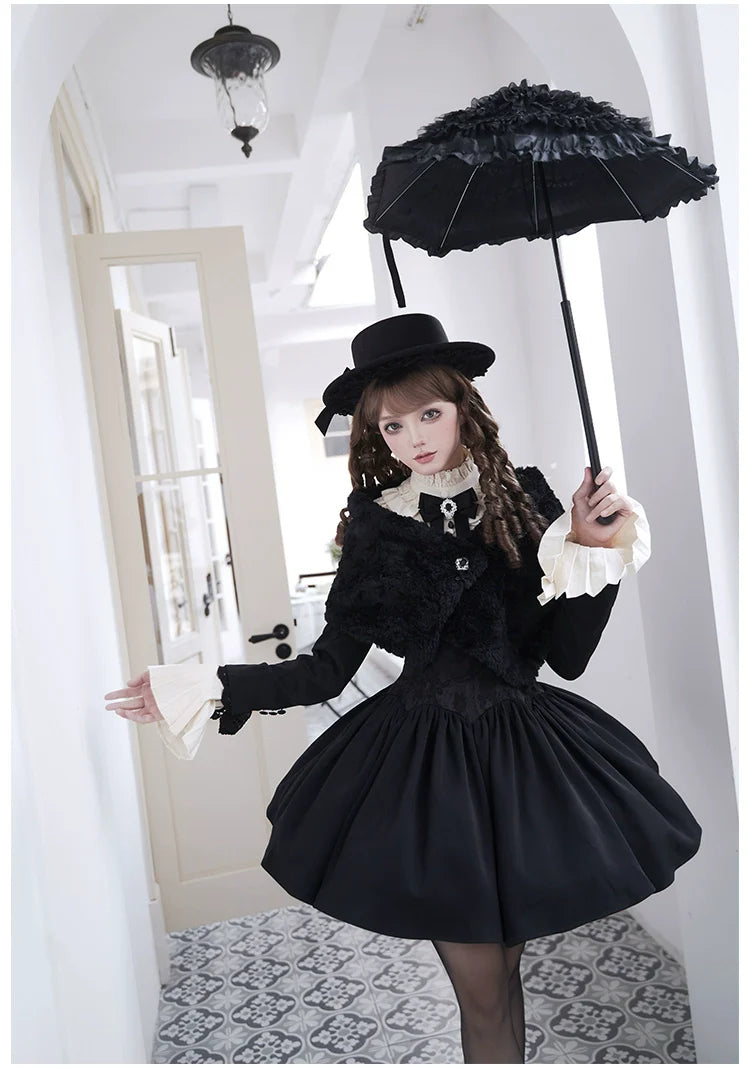 With PUJI - Old Testament - Classic Lolita Coat Black Plush Lolita Cape and Brooch