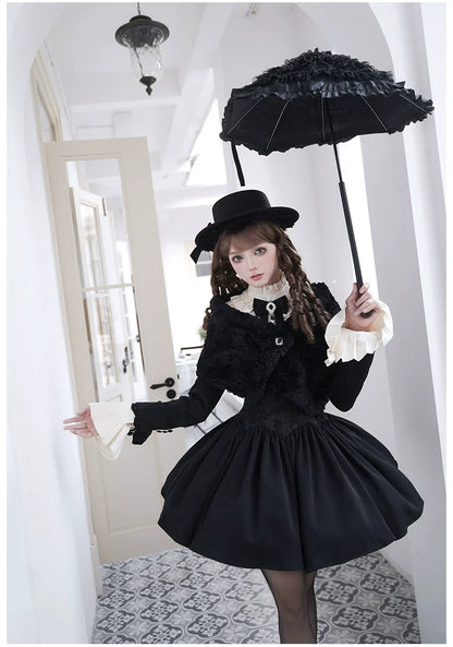 With PUJI - Old Testament - Classic Lolita Coat Black Plush Lolita Cape and Brooch