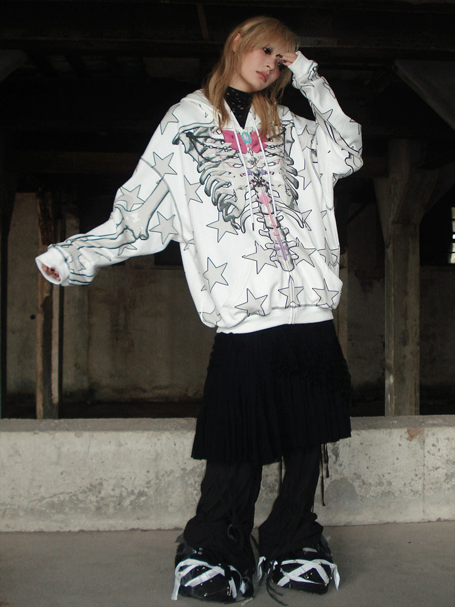 Star Skull Printed Loose ZIP-Up Parka【s0000004228】