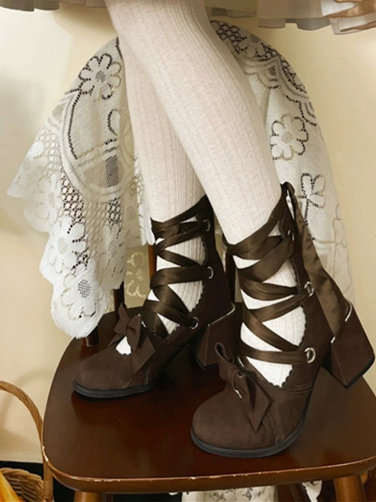 MR.Qiutian - Muse Kiss - Elegant Lolita Shoes Lace-up Bow Heels Round Toe