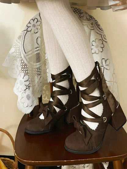 MR.Qiutian - Muse Kiss - Elegant Lolita Shoes Lace-up Bow Heels Round Toe