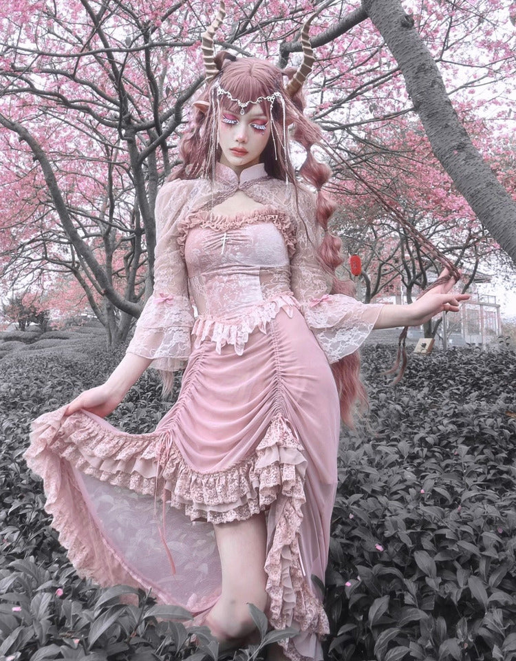 Blood Supply - Sakura Nightmare - Pink Gothic Velvet Drawstring Dress