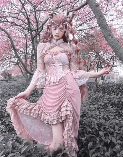 Blood Supply - Sakura Nightmare - Pink Gothic Velvet Drawstring Dress