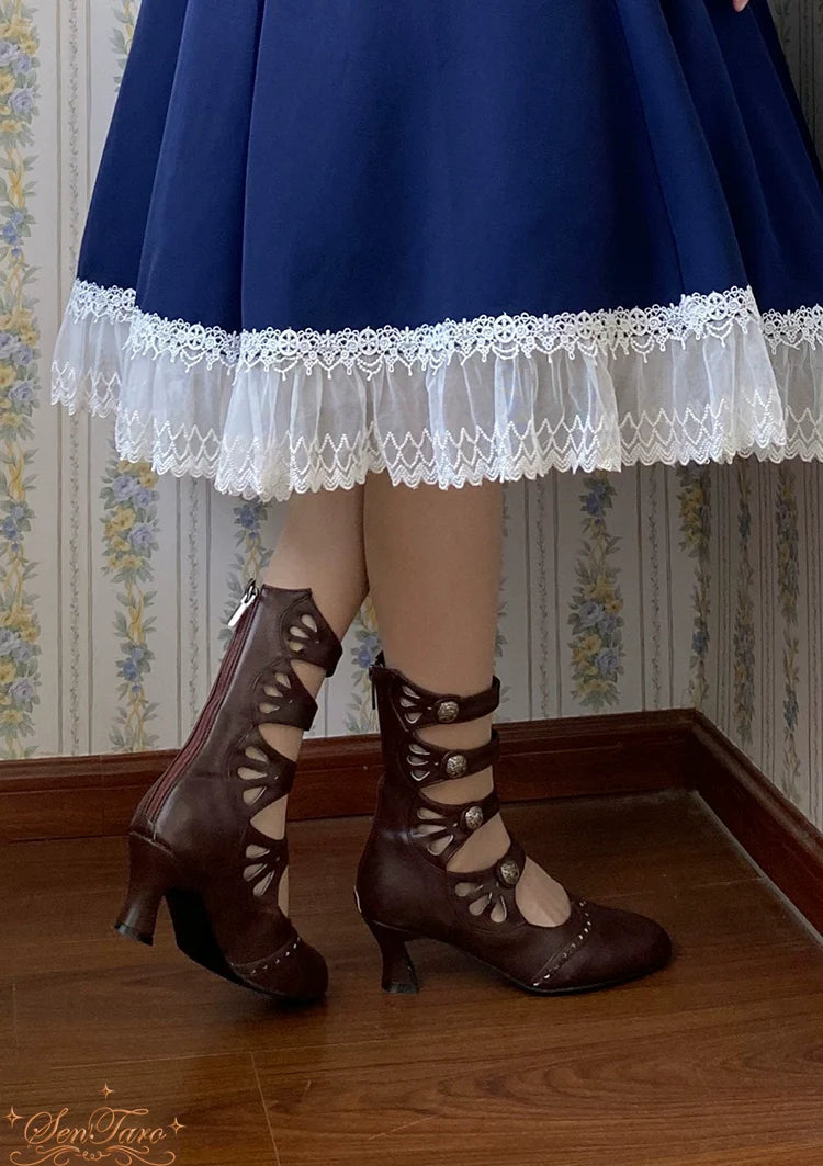 Sentaro - Floral Carved - Vintage Lolita Shoes Mary Jane Hollow-out Ankle Boots