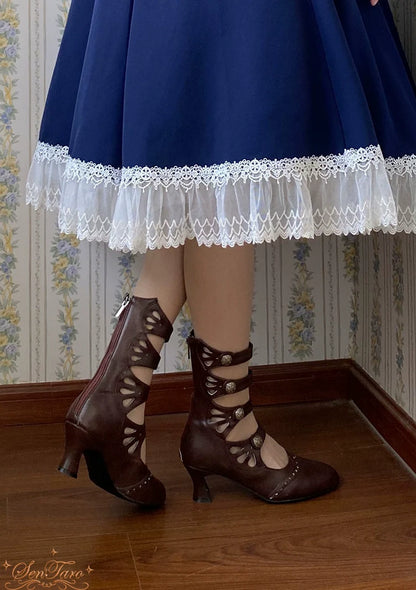 Sentaro - Floral Carved - Vintage Lolita Shoes Mary Jane Hollow-out Ankle Boots