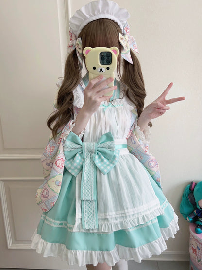 Sugar Girl - Showa Sweetness - Maid Wa Lolita Skirt Set Cute Summer Lolita Bow Apron