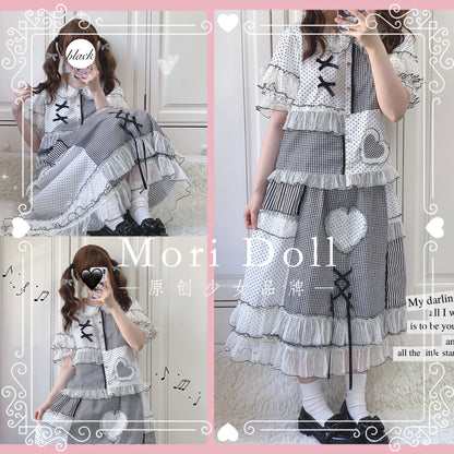 Mori Doll - Peach Tea - Sweet Lolita Dot and Stripe Print Short Sleeve Blouse