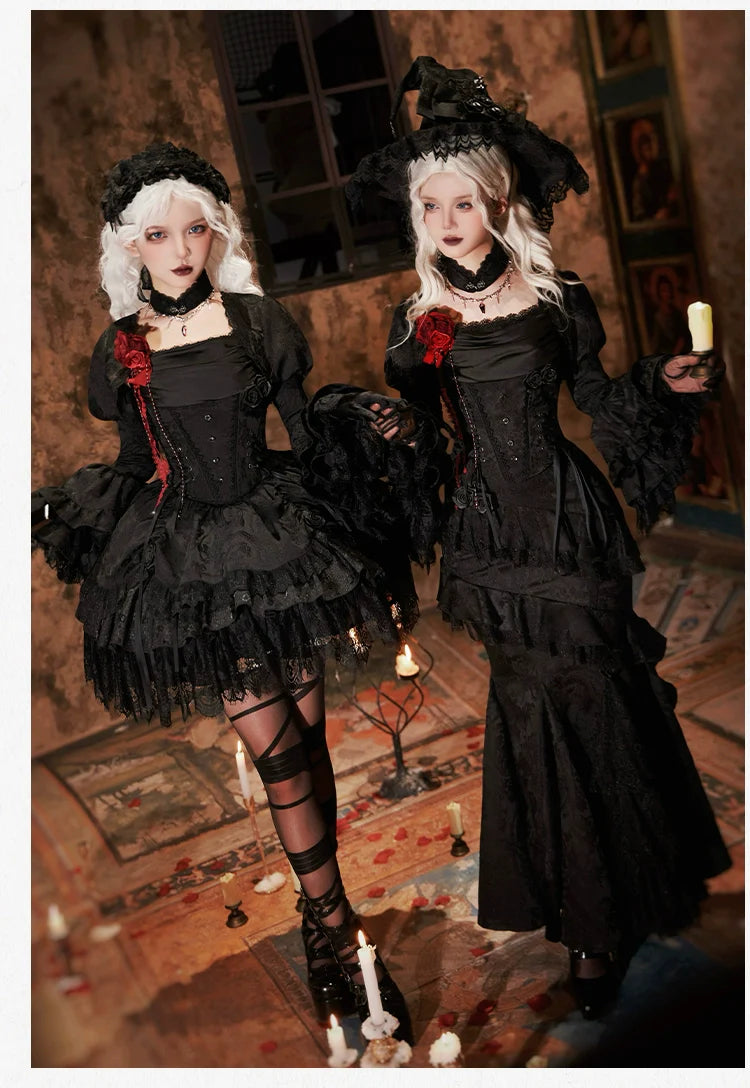 With PUJI - Letter and Poetry ﾂｷ Twilight - Black Gothic Lolita Skirt Set, Witch-Inspired