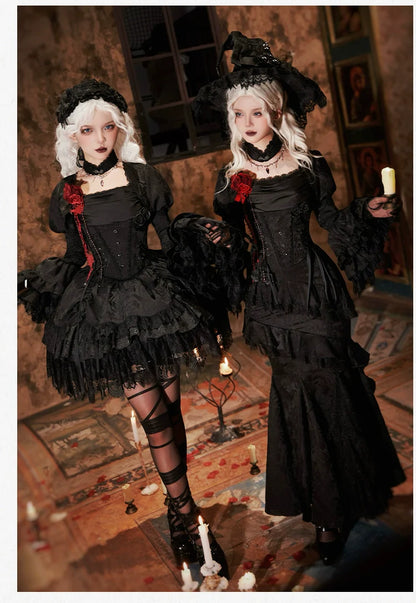 With PUJI - Letter and Poetry ﾂｷ Twilight - Black Gothic Lolita Skirt Set, Witch-Inspired