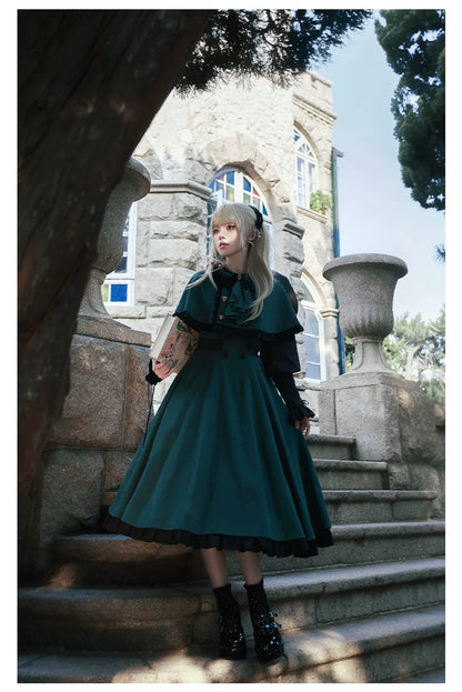 With PUJI - College of Potions - Elegantt Lolita OP Dress Black and Green Dress with Cape