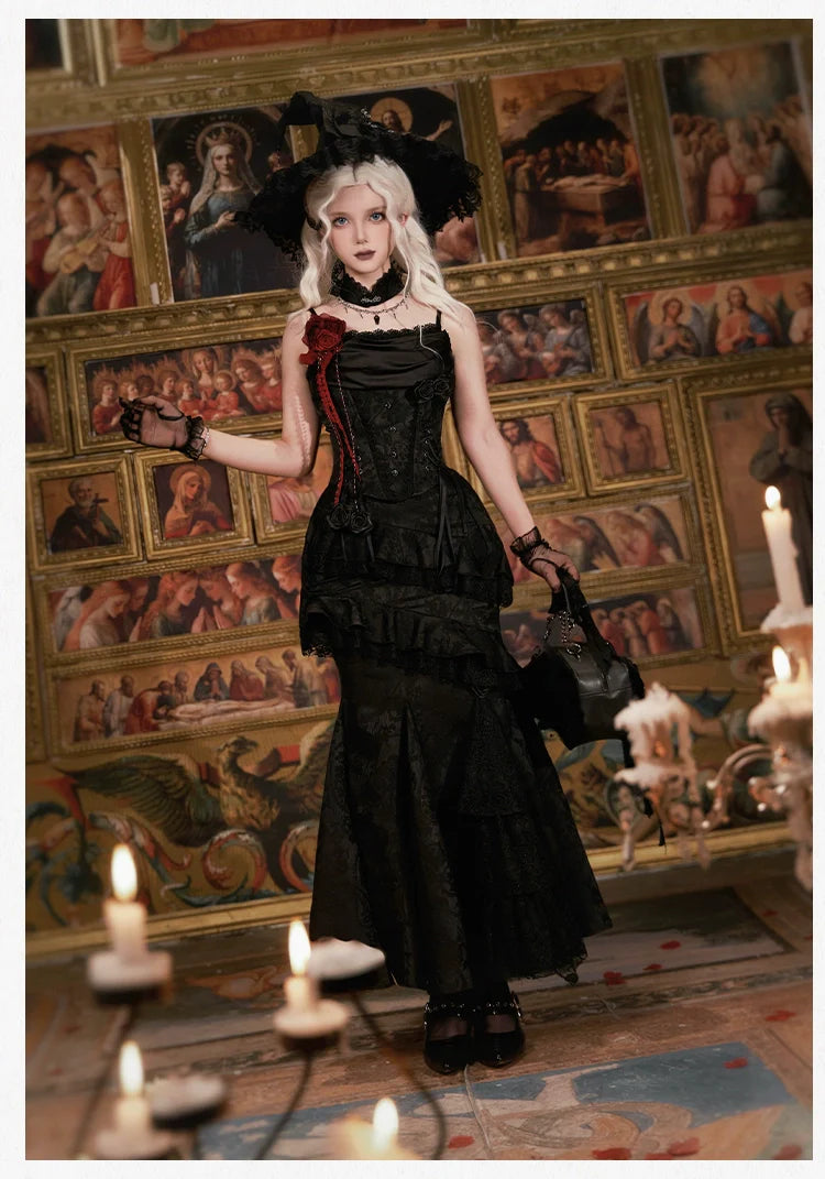 With PUJI - Letter and Poetry ﾂｷ Twilight - Black Gothic Lolita Skirt Set, Witch-Inspired