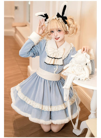 With PUJI - Rabbit&Alice - Sweet Twin Lolita OP Dress Doll Apron Dress Set