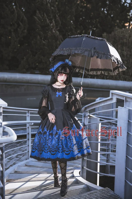 Surface Spell - Nocturne - Custom Gothic Lolita Dress Brocade Puff Sleeve Dress