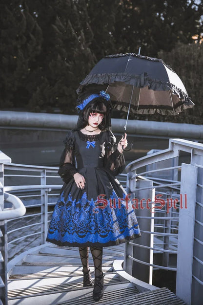 Surface Spell - Nocturne - Custom Gothic Lolita Dress Brocade Puff Sleeve Dress