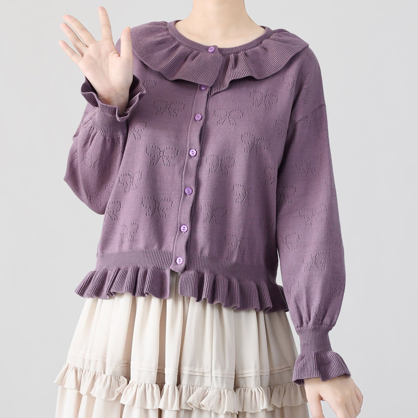 MIST - Vintage Lolita Bow Hollowed-out Sweater Ruffled Cardigan