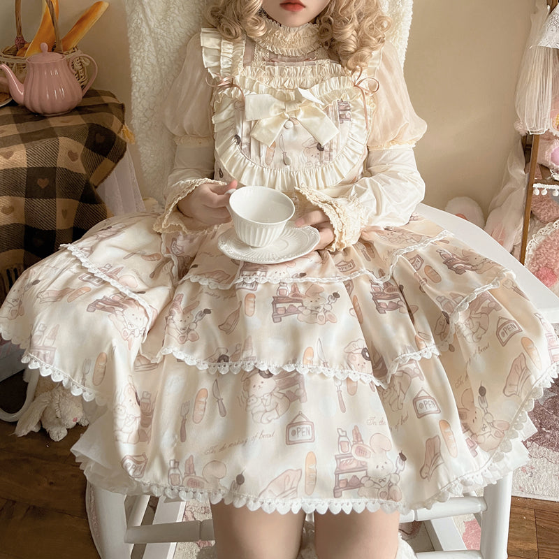 Niu Niu - Plus Size Lolita Jumper Dress, Beige Sweet Short Sleeve