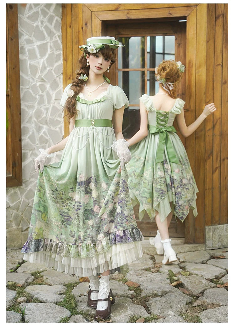 With PUJI - Blooming Rose - Chiffon Classic Lolita Dress Set Painting Styled OP & JSK