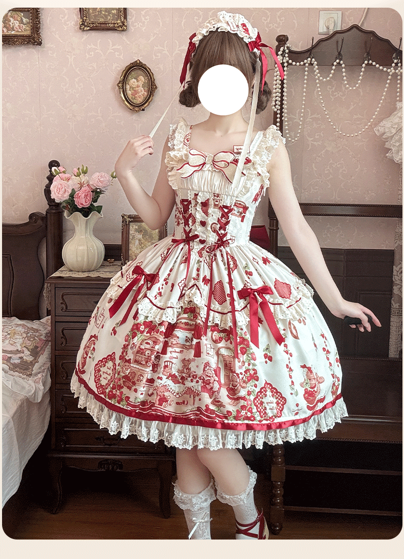 ZhiJinYuan - Strawberry Bear - Sweet Lolita Jumper Dress, Strawberry Bear Prints
