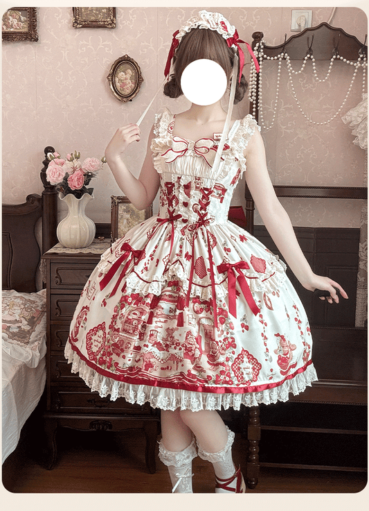 ZhiJinYuan - Strawberry Bear - Sweet Lolita Jumper Dress, Strawberry Bear Prints