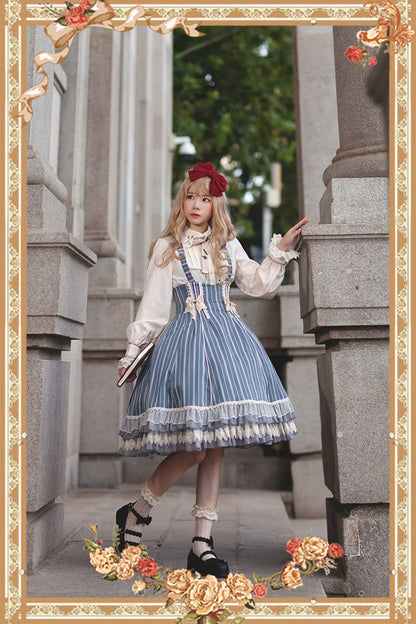 Infanta - Elegant Lolita Stripe High-waist Jumper Dress Set and Cape