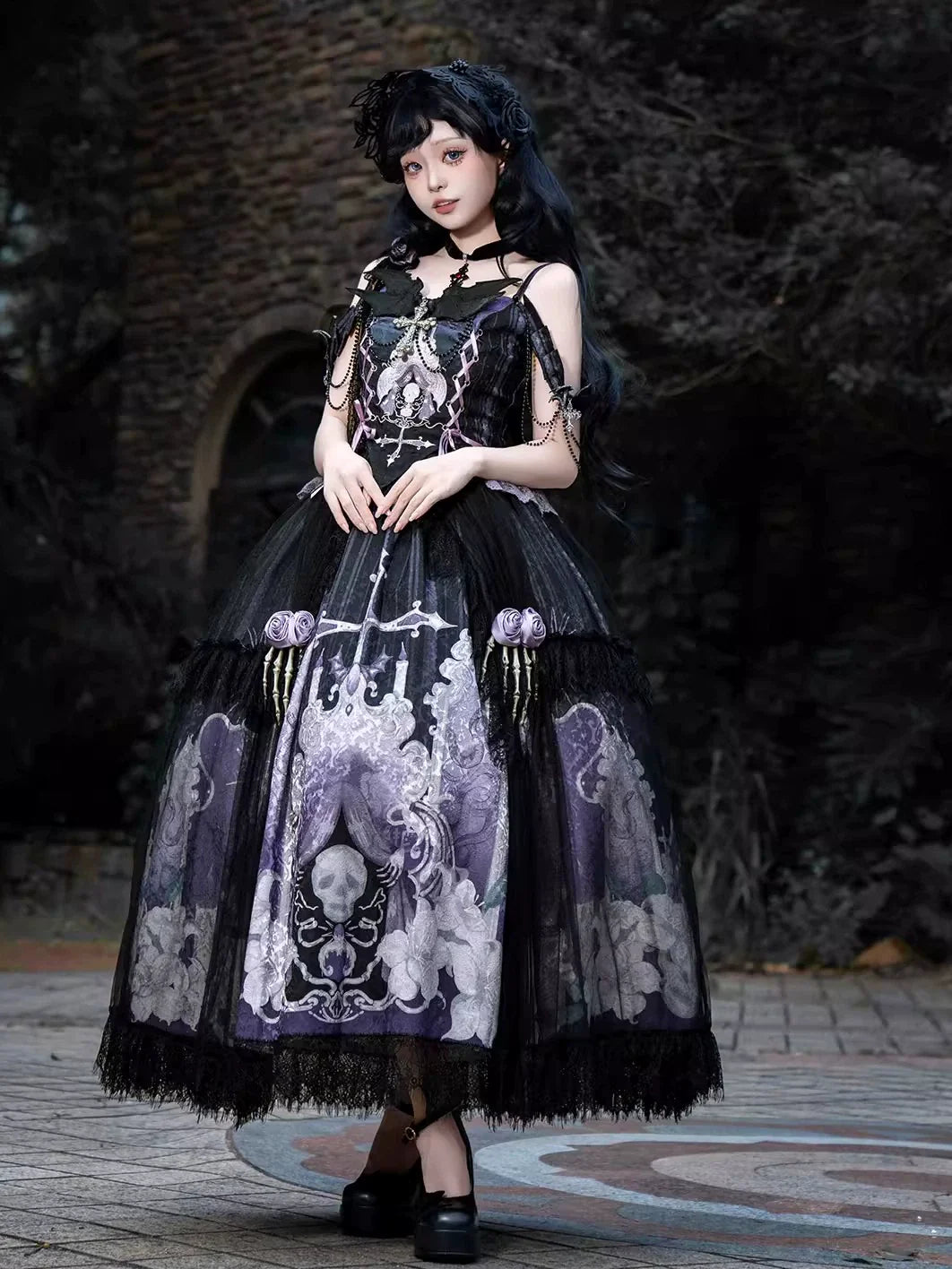 Your Princess - Withered Bone Specter - Gothic Lolita Skirt Set, Rose & Skeleton Hand Decor