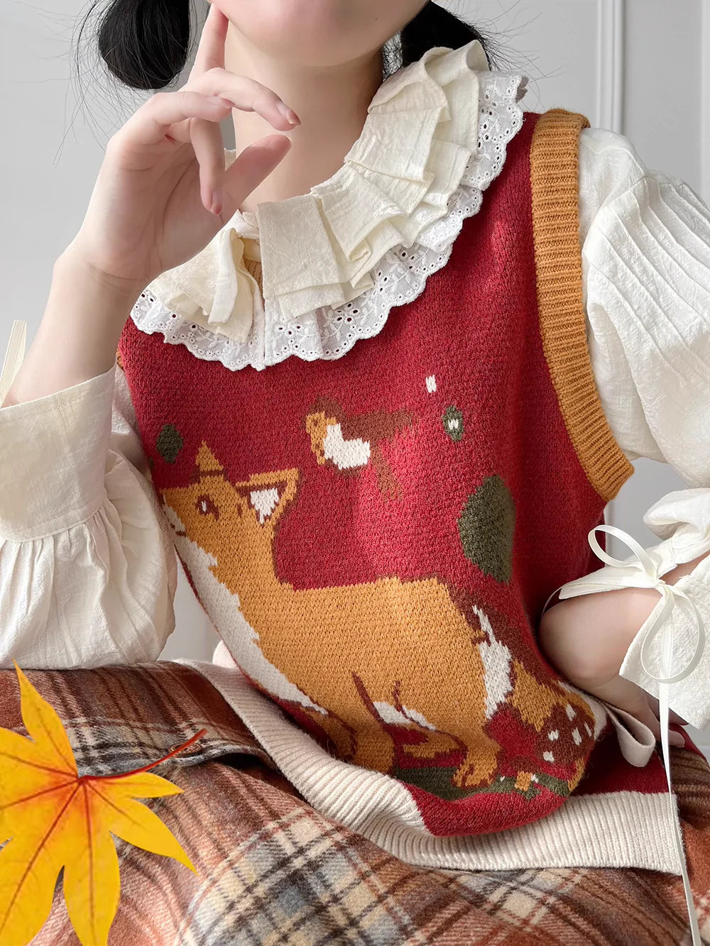 Miss Point - Chubby Fox in the Forest - Kawaii Lolita Vest Customized Lolita Sweater