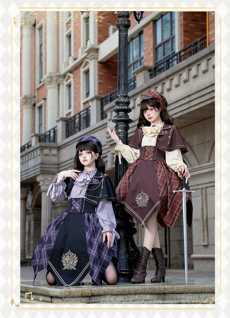 Forest Fluorescent Carps - Queen's Game - Military Lolita OP, Ouji Plaid Lolita Dress Set