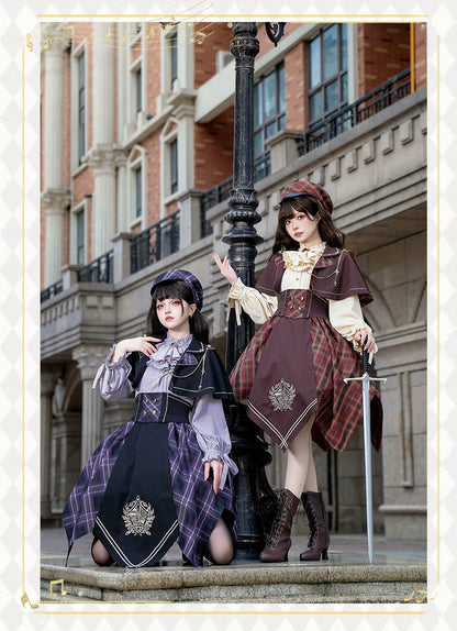 Forest Fluorescent Carps - Queen's Game - Military Lolita OP, Ouji Plaid Lolita Dress Set