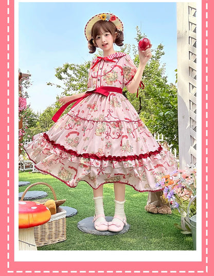 Qianmu - The Bear's Strawberry Field - Daily Lolita OP Dress With Petal Collar & Bear Strawberry Print