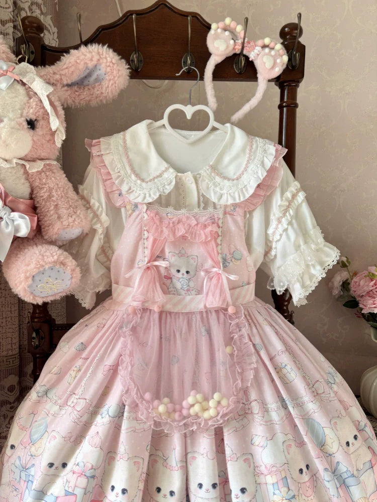 Suiyi - Meow Pompom - Sweet Lolita Salopette Dress Suit, Cat Print