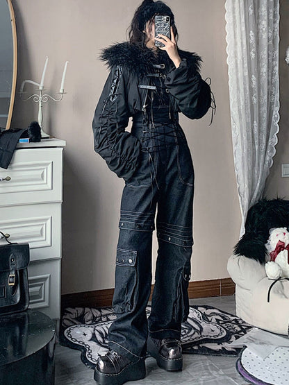 Lace-up style suspender jeans