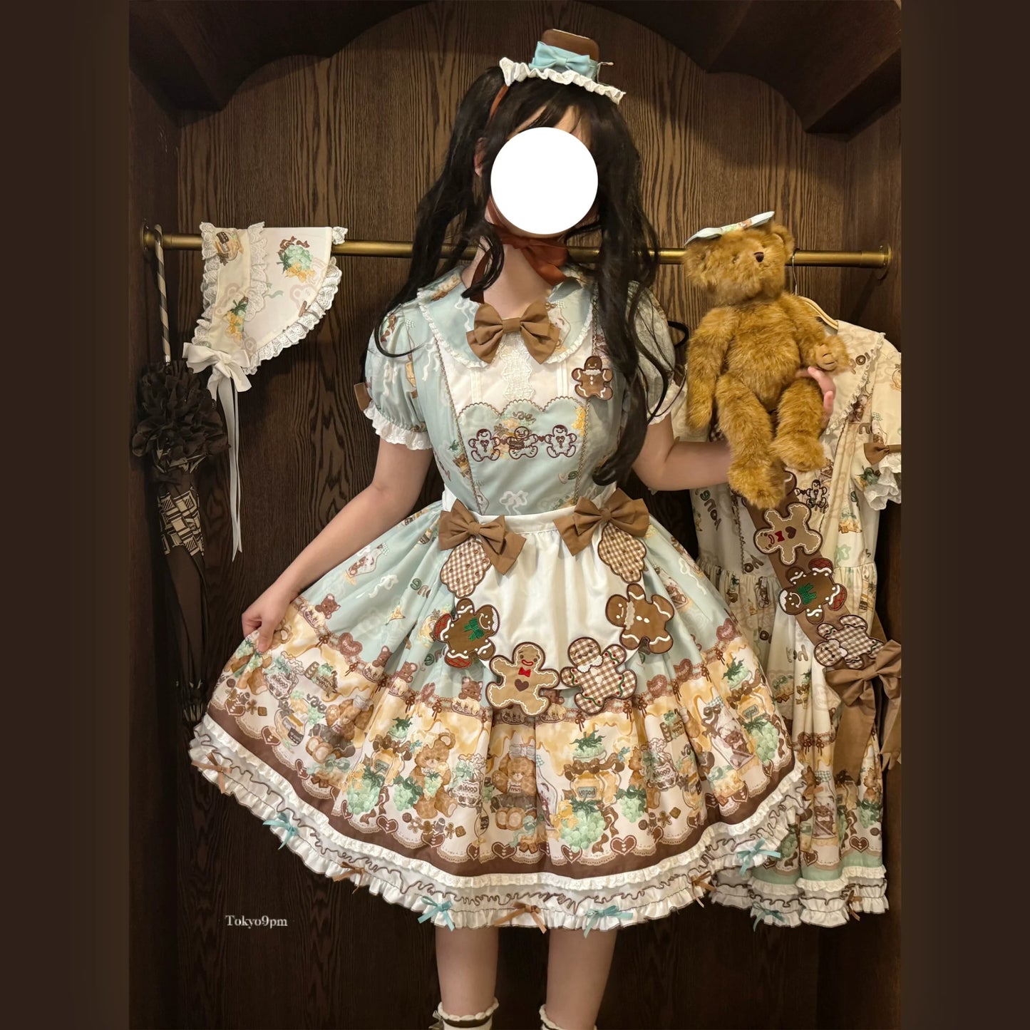 Babyblue - Little Bear Honey Jar - Kawaii Lolita Short Sleeve OP Gingerbread Man Embroidered Dress