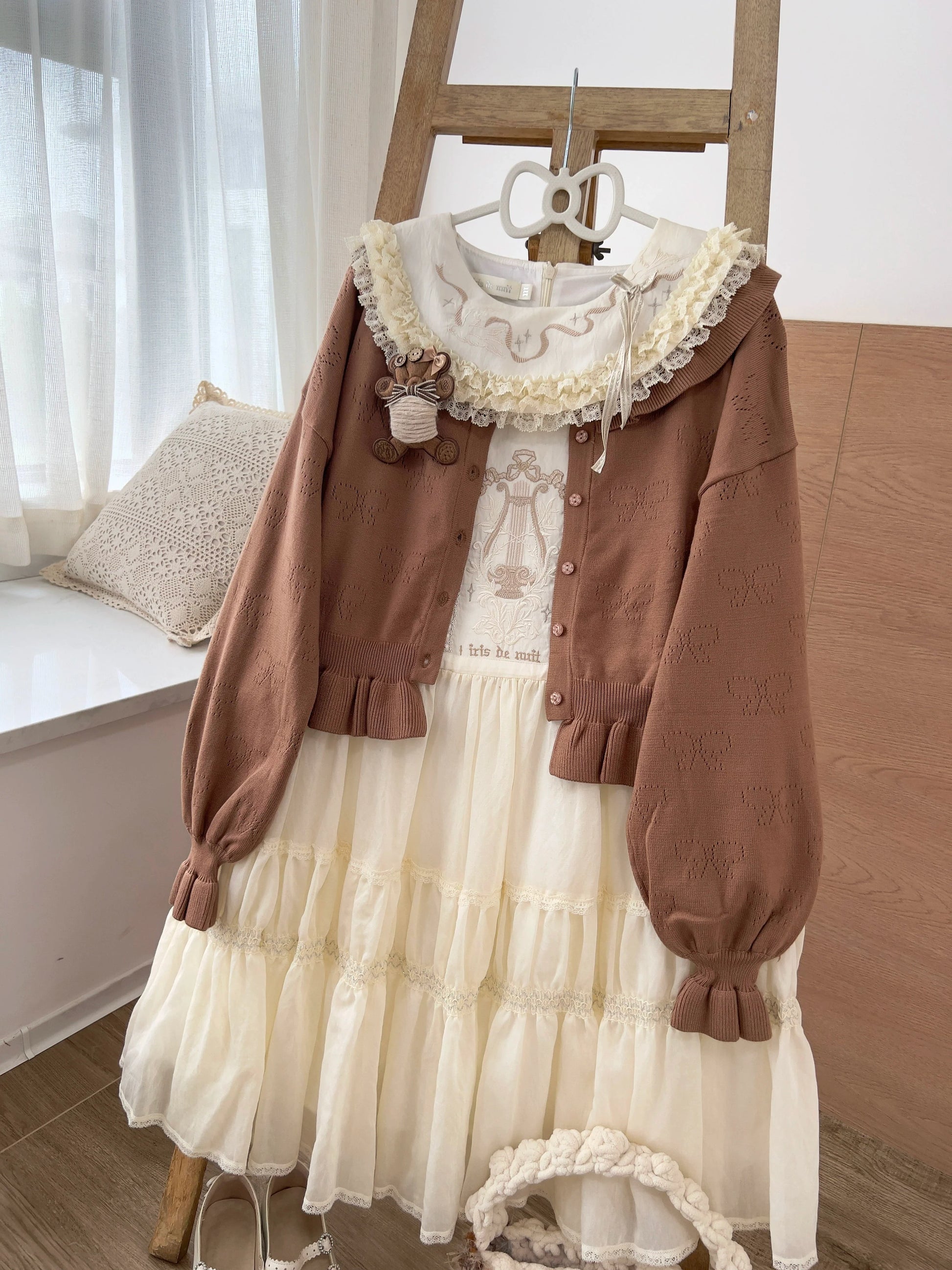 MIST - Vintage Lolita Bow Hollowed-out Sweater Ruffled Cardigan