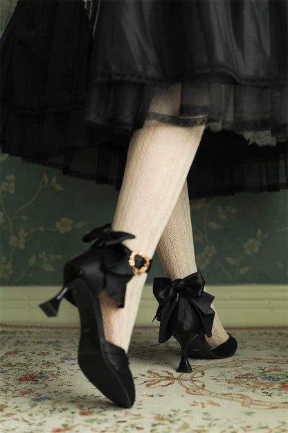 MR.Qiutian - Coronation - Elegant Lolita Shoes Satin Heels With Rose Buckle & Bow Clip