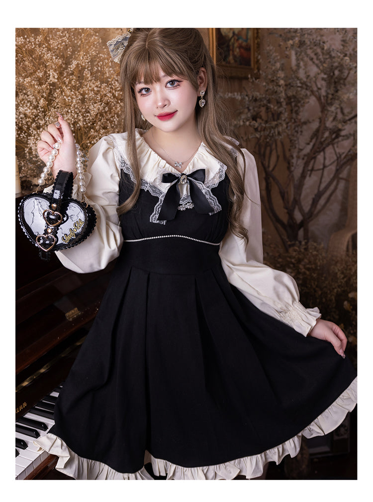 Yingtang - Plus Size Lolita French Retro Dress Set