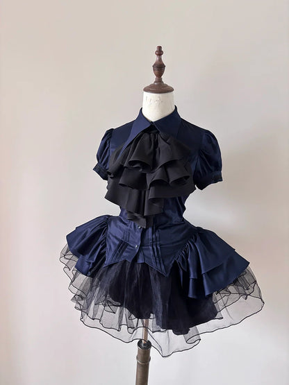 FlowerFairyDaily - Midnight Prayer - Solid Lolita Shirt with Flowing Tiered Back Hem