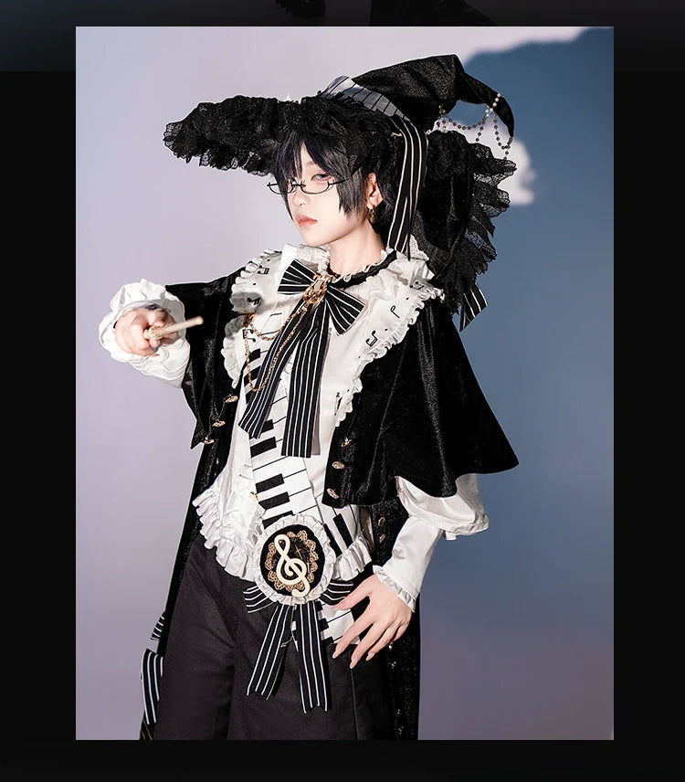 Forest Fluorescent Carps - Black and White Sonata - Ouji Lolita Vest Suit and Vintage Lolita OP Dress