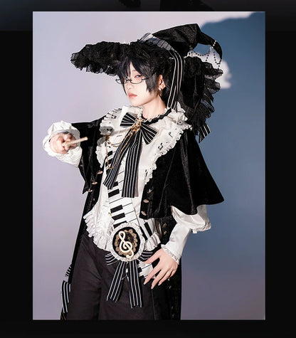 Forest Fluorescent Carps - Black and White Sonata - Ouji Lolita Vest Suit and Vintage Lolita OP Dress