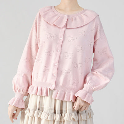 MIST - Vintage Lolita Bow Hollowed-out Sweater Ruffled Cardigan