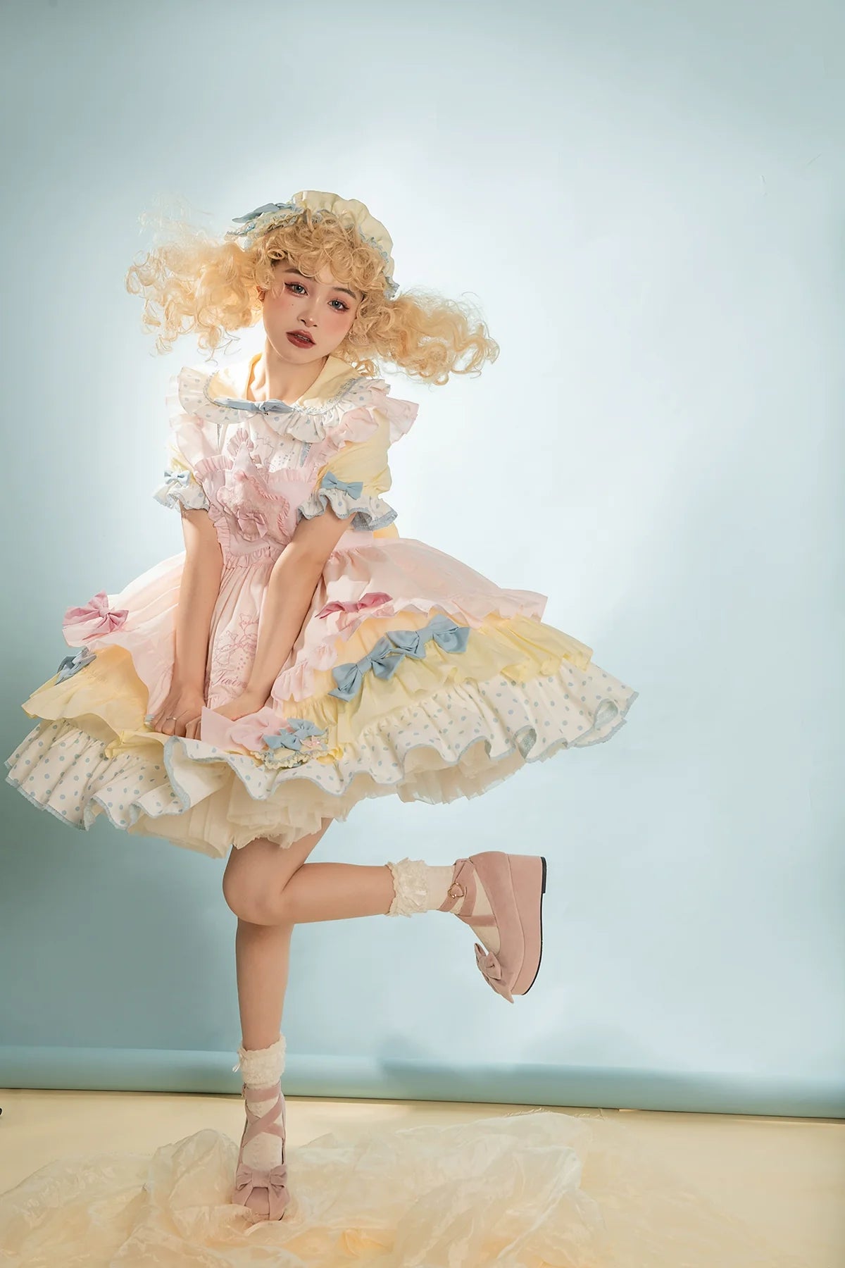 Vcastle - Sweet Lolita OP Dress Splicing Sleeve Apron Dot Print Dress