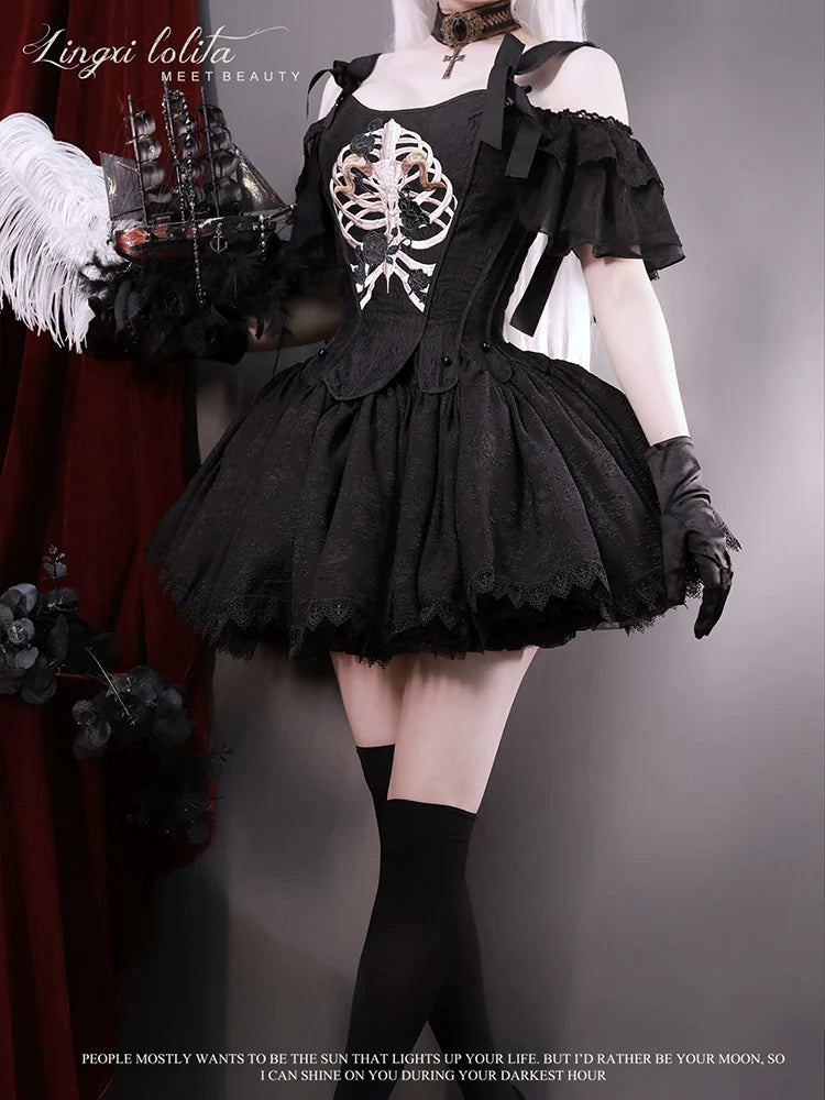 Lingxi Lolita - Bone island Gothic Lolita Corset Goth Blouse Skirt Set