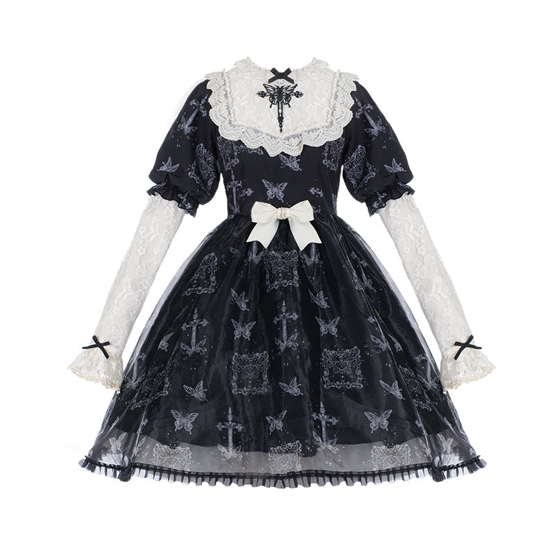 With PUJI - Gothic Butterfly Printing Embroidery Lolita OP