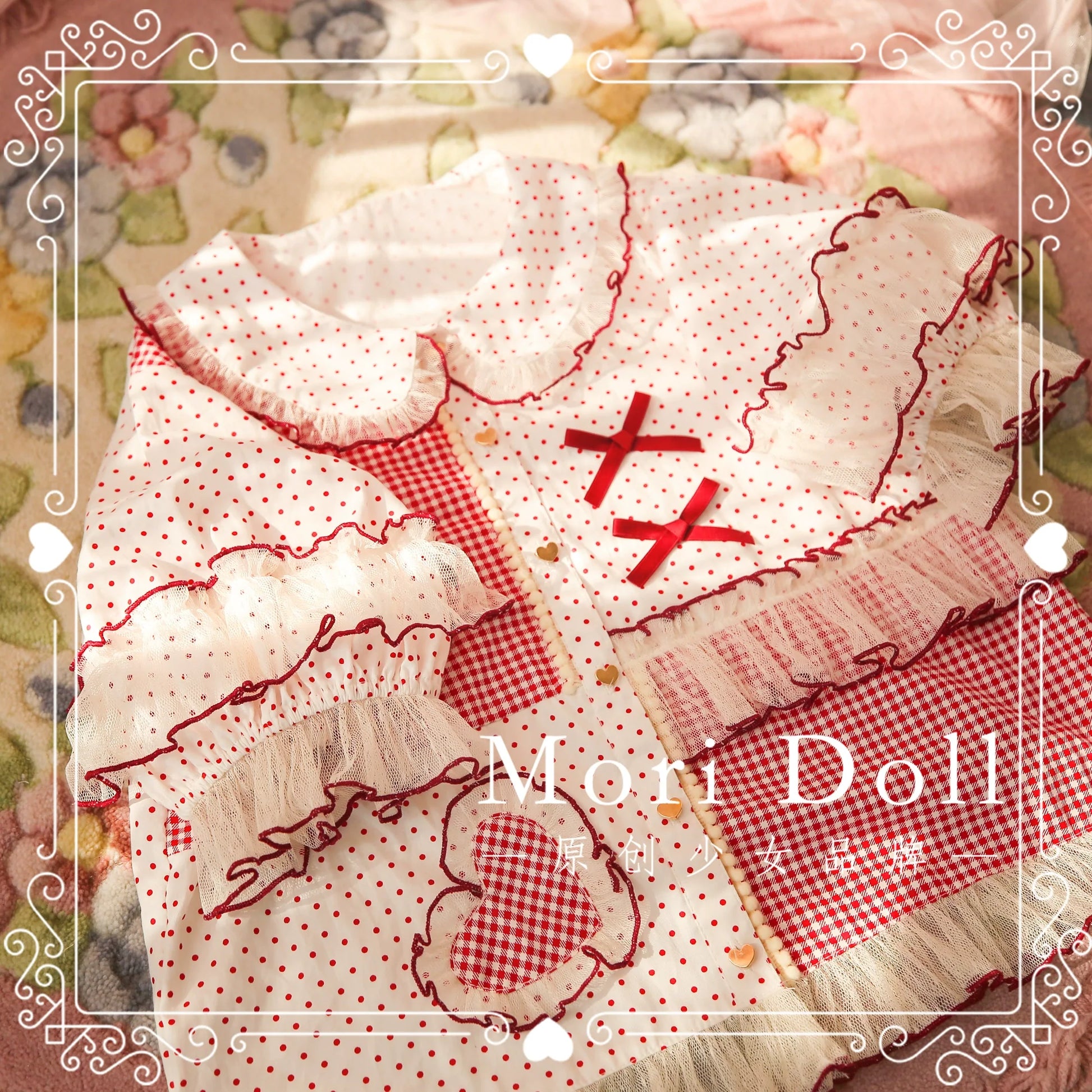 Mori Doll - Peach Tea - Sweet Lolita Dot and Stripe Print Short Sleeve Blouse