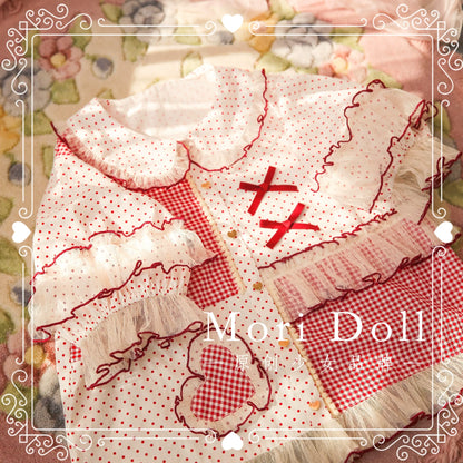 Mori Doll - Peach Tea - Sweet Lolita Dot and Stripe Print Short Sleeve Blouse
