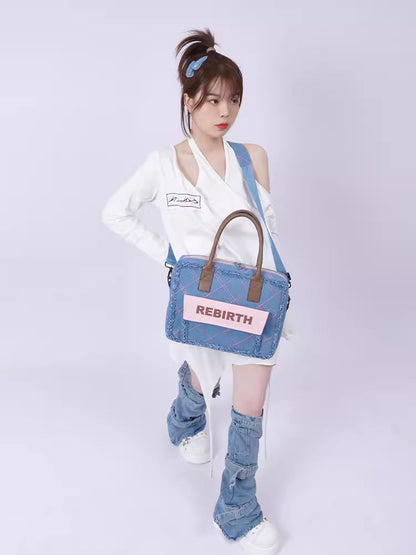 Plaid denim computer bag【s0000007318】